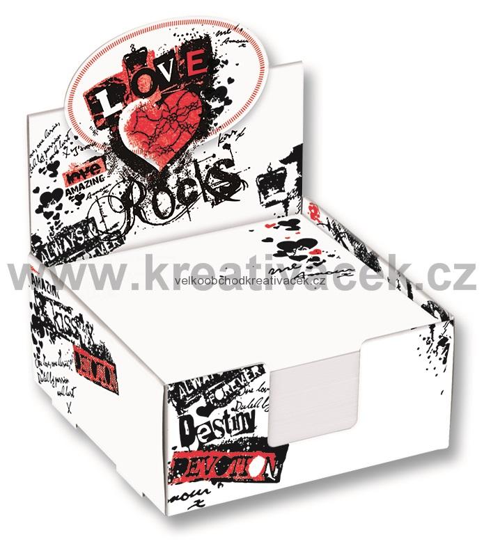 Poznámkový blok v boxu s potiskem - 300 listů 9 x 9 cm - motiv láska